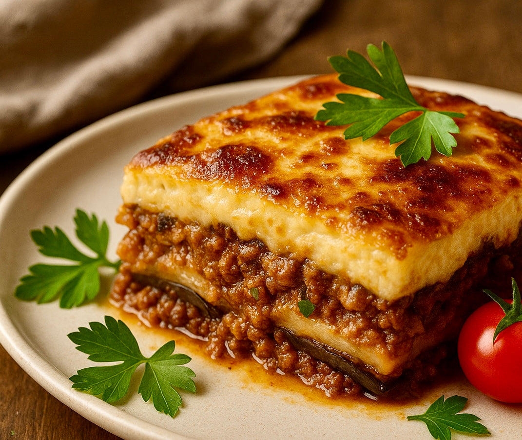Moussaka d'aubergines au boeuf , gratinée, riz libanais aux vermicelles